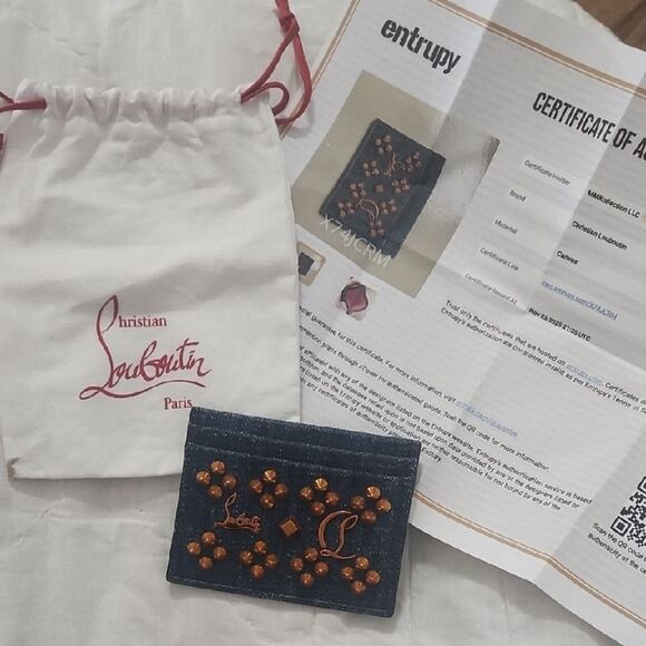 Christian Louboutin Denim Card Holder with Orange Accents - Picture 2 of 6